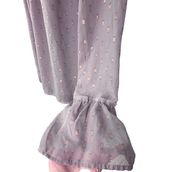Sheer Long Bell Sleeve Lilac Mauve Flowy Peasant Blouse Gold Pattern Women’s M - Picture 4 of 8